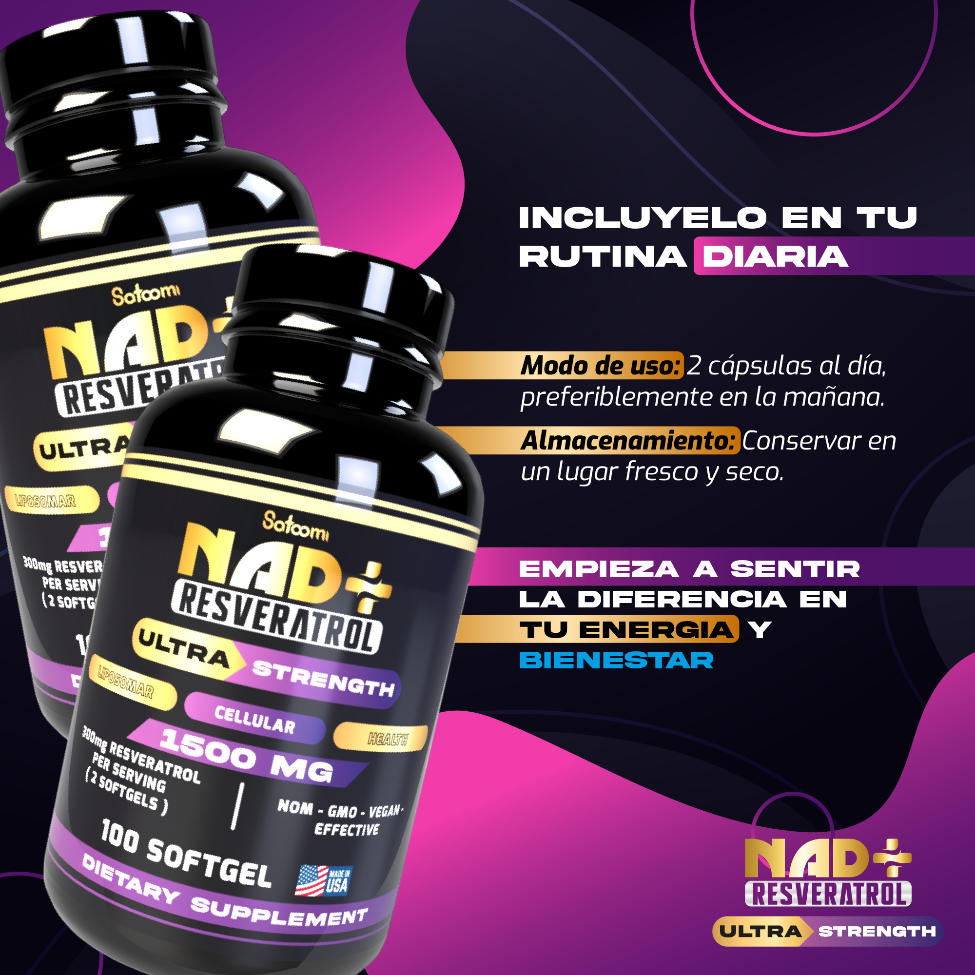 Satoomi NAD+ Resveratrol 1500mg — Kit 2 Unidades | 100 Cápsulas Liposomais