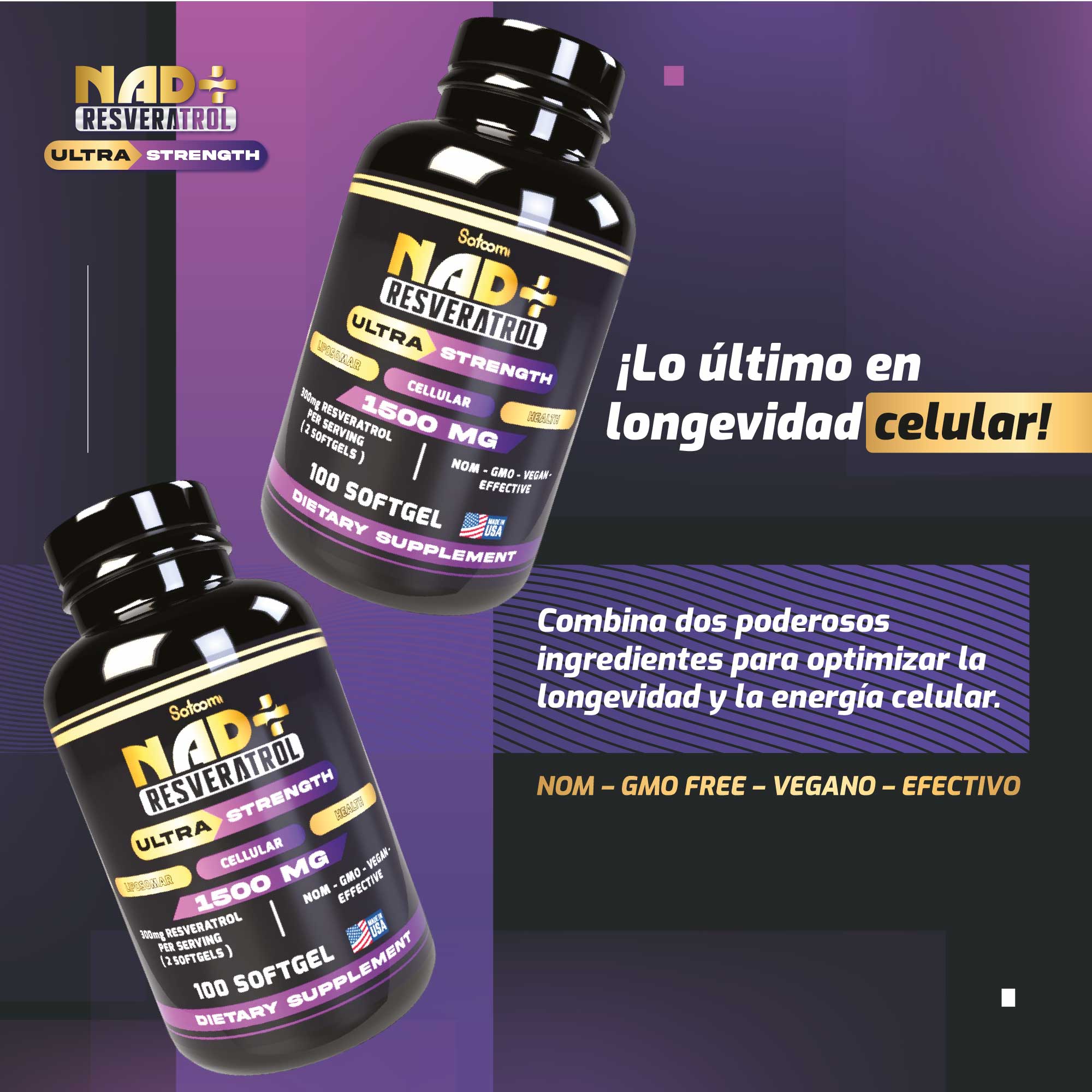 Satoomi NAD+ Resveratrol 1500mg — Kit 2 Unidades | 100 Cápsulas Liposomais