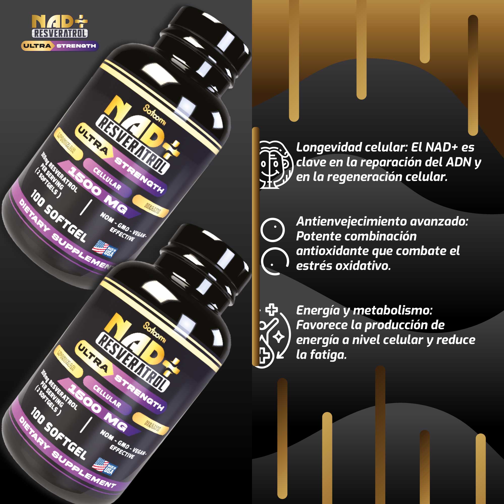 Satoomi NAD+ Resveratrol 1500mg — Kit 2 Unidades | 100 Cápsulas Liposomais