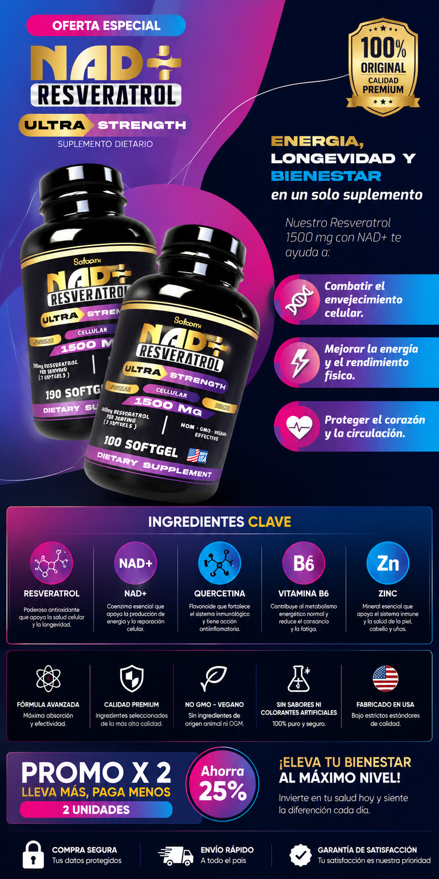 Satoomi NAD+ Resveratrol 1500mg — Kit 2 Unidades | 100 Cápsulas Liposomais