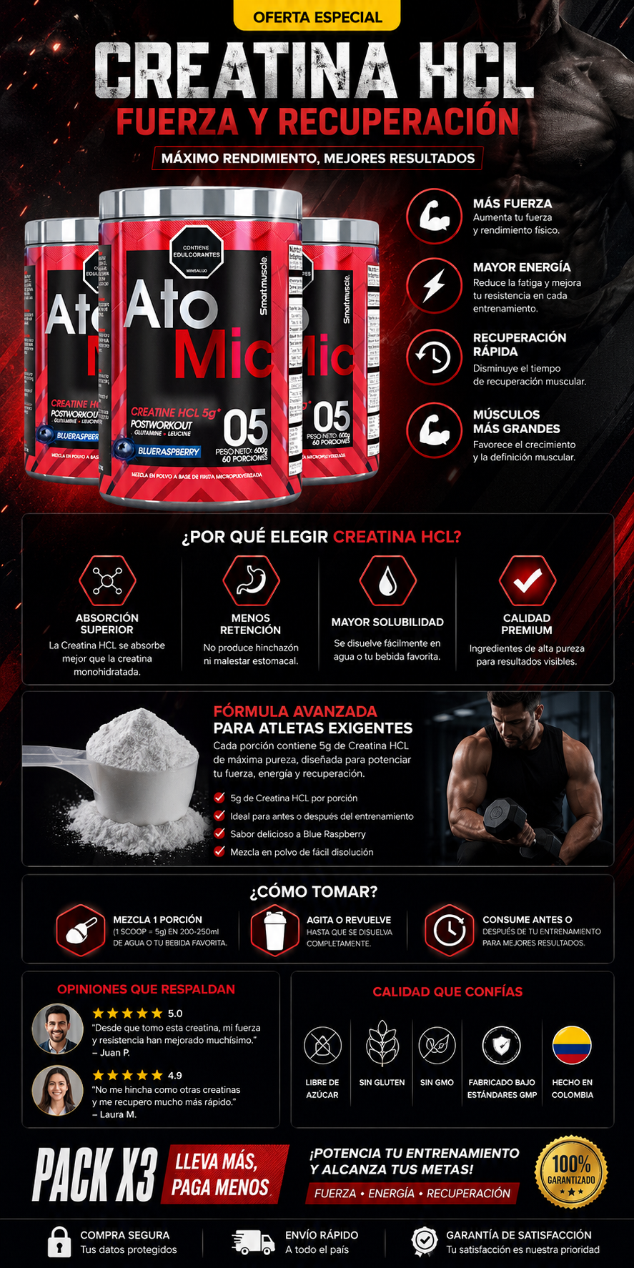 Creatina HCL Alta Absorción – Pack x3 Unidades | Fuerza y Recuperación Muscular